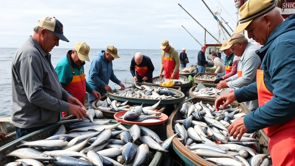 Coastal fishing community members sorting sustainable catch with ocean horizon visible, traditional boats and modern conservation equipment, people engaged in responsible resource management practices