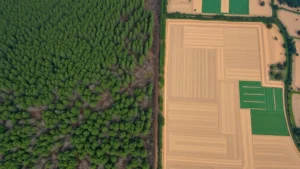 Aerial view of landscape showing contrast between intact forest ecosystem and cleared agricultural land with geometric field patterns, demonstrating habitat fragmentation and land-use change impacts on natural systems