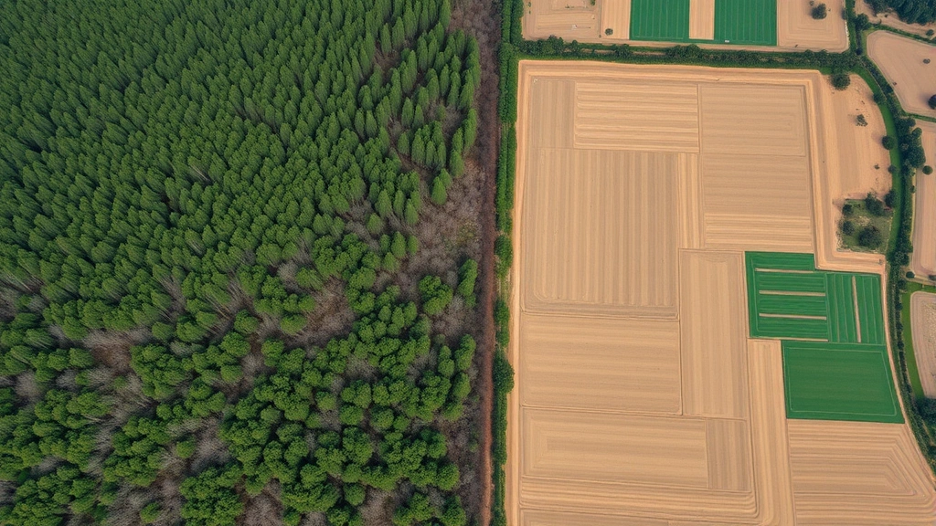 Aerial view of landscape showing contrast between intact forest ecosystem and cleared agricultural land with geometric field patterns, demonstrating habitat fragmentation and land-use change impacts on natural systems