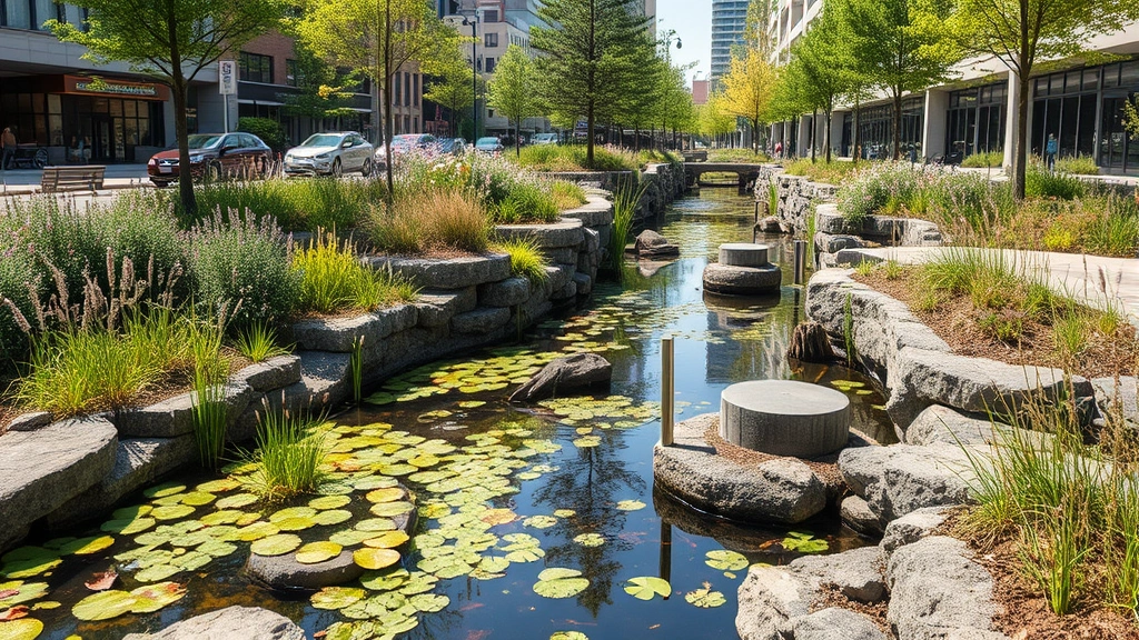Urban wetland restoration project with native plants, water features, and wildlife habitat integrated into city environment, showing regenerative design approach to ecosystem integration