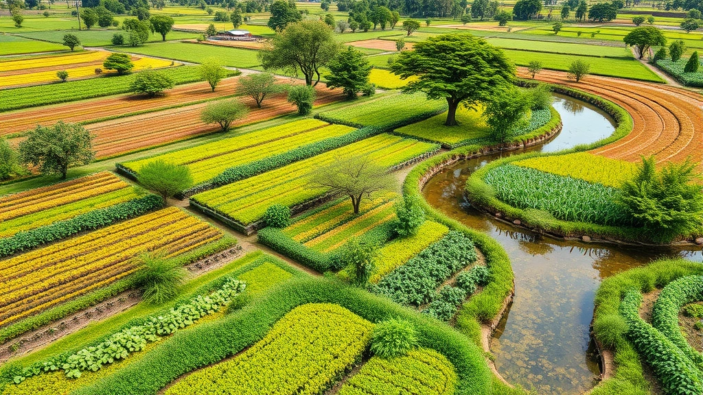 Sustainable agricultural landscape featuring diverse crop rotation, agroforestry with integrated trees, and natural water features creating productive ecosystem supporting both food production and biodiversity