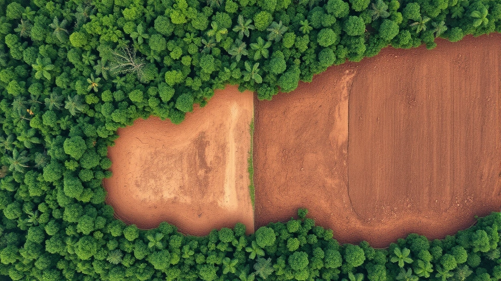 Aerial view of deforestation clearing showing sharp contrast between intact rainforest and cleared agricultural land with exposed soil, tropical region, photorealistic, natural lighting, no text or overlays