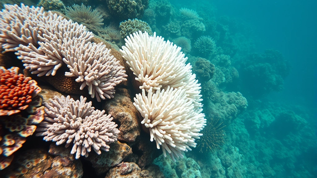 Underwater coral reef showing bleached white corals alongside healthy brown corals demonstrating temperature stress impact, clear water, natural marine environment, photorealistic, no text or labels