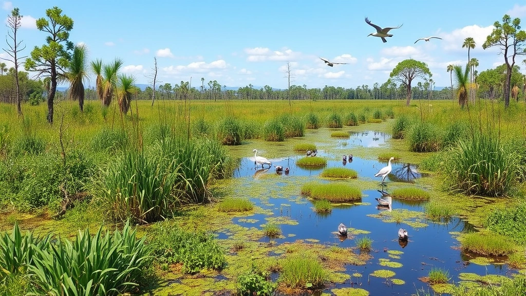 Landscape showing restored wetland ecosystem with native vegetation, water retention, and returning wildlife including birds and aquatic life, natural setting, photorealistic, no charts or data visualization