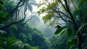 Pristine tropical rainforest canopy with dense vegetation, colorful birds, and morning mist, showcasing rich biodiversity and ecosystem health