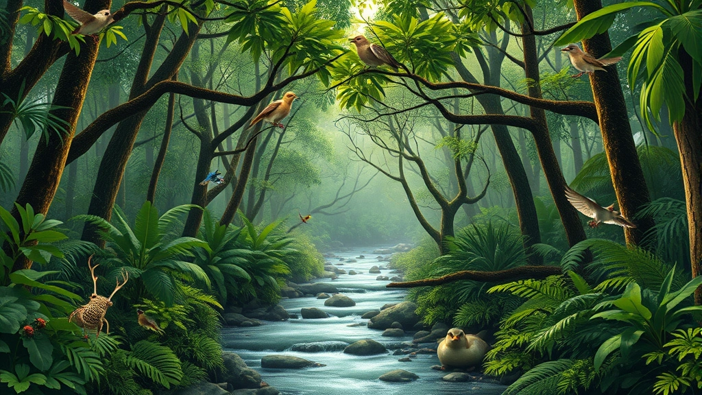 Lush forest canopy with diverse wildlife including birds and insects, flowing stream cutting through forest floor, representing ecosystem services value