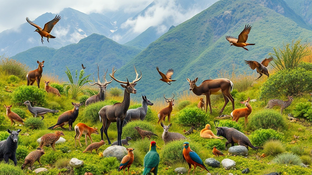 Diverse wildlife in natural habitat with birds, mammals, insects and dense vegetation on mountainous terrain, symbolizing biodiversity conservation success