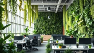Modern office workspace with living green walls, floor-to-ceiling plants, and natural light streaming through large windows, employees working at desks surrounded by lush vegetation, photorealistic contemporary design