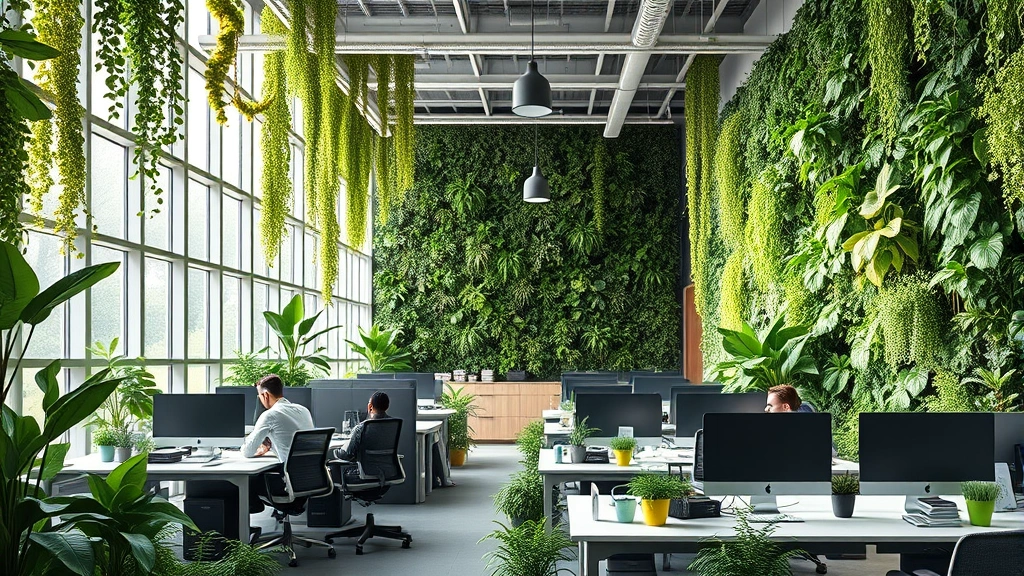 Modern office workspace with living green walls, floor-to-ceiling plants, and natural light streaming through large windows, employees working at desks surrounded by lush vegetation, photorealistic contemporary design