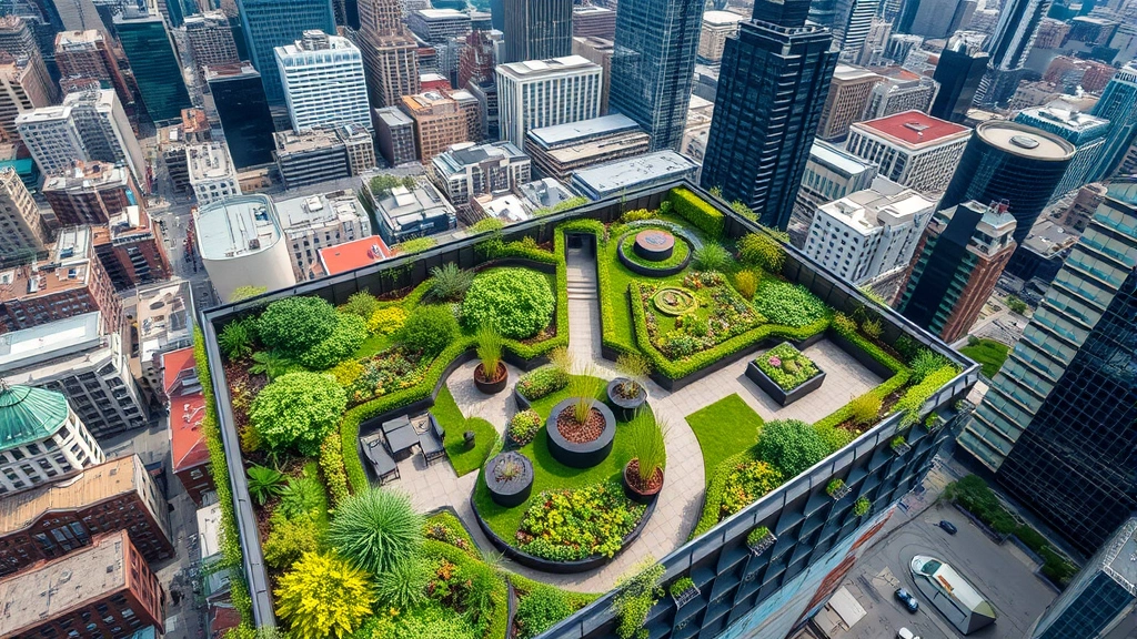 Aerial view of urban rooftop garden on commercial building with diverse plantings, pathways, seating areas, and city skyline background, showing integration of nature into dense urban environment