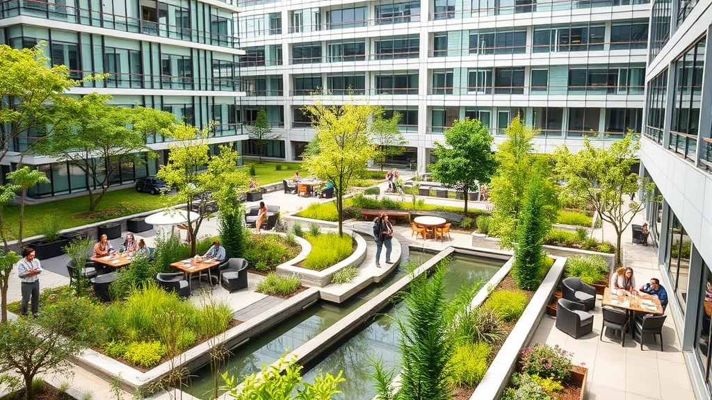 Corporate campus with integrated green spaces, native trees and shrubs, water features, employees collaborating outdoors on terraces, demonstrating biophilic workplace design with natural landscape elements