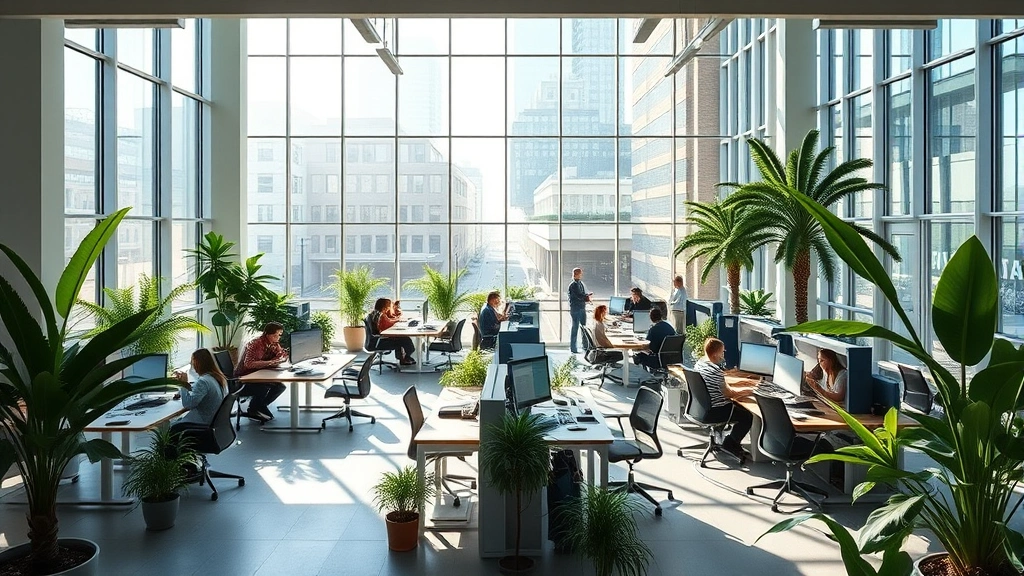 Modern open office space with abundant natural light streaming through large windows, green plants, collaborative seating areas, and diverse employees working together at different stations, photorealistic daylight setting