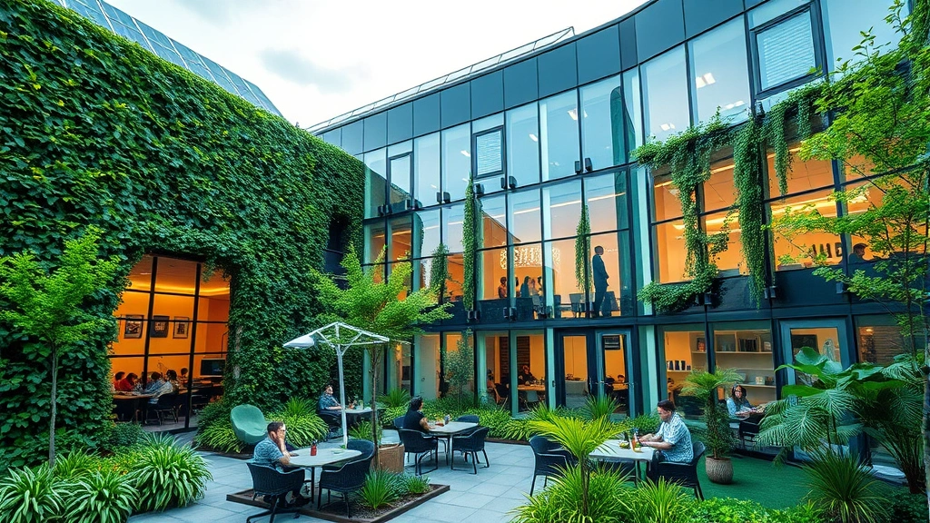 Sustainable office building exterior with green walls, solar panels, outdoor gathering areas with natural vegetation, employees visible through windows working contentedly, modern architecture blending nature and workplace