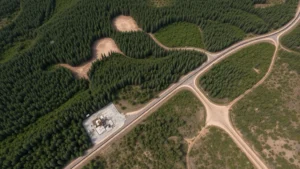 Aerial view of natural gas well pads and pipeline infrastructure cutting through forested landscape with visible habitat fragmentation and cleared access roads, demonstrating ecosystem disruption from energy development