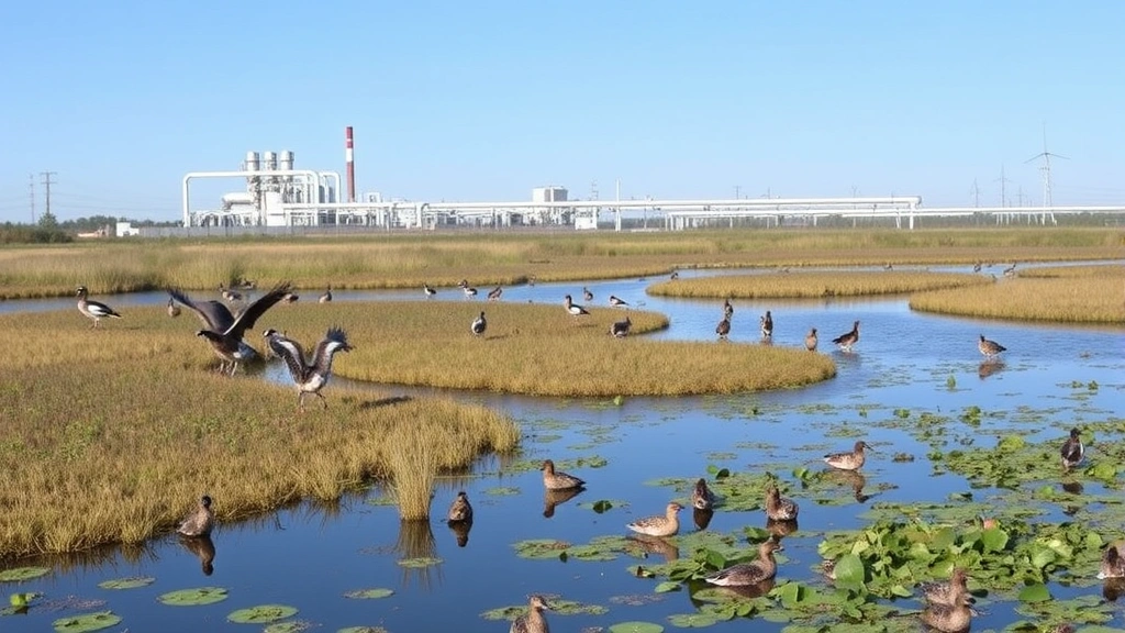 Wetland ecosystem with diverse waterfowl, marsh vegetation, and aquatic plants alongside industrial compressor station and pipeline infrastructure, contrasting natural biodiversity with energy development impacts