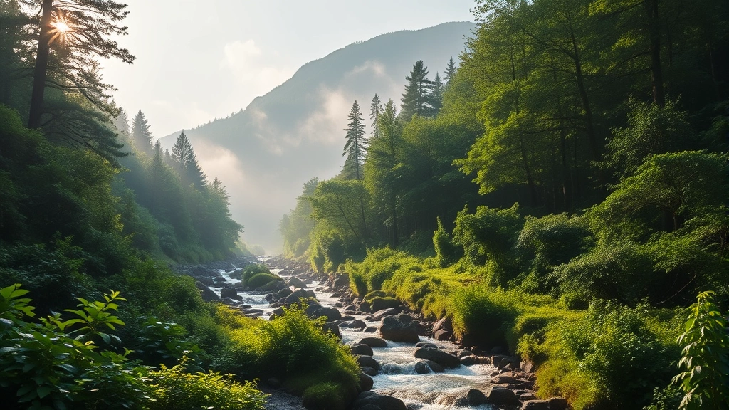 Lush green forest watershed with streams flowing downward, mountains in background, misty morning light creating atmospheric depth, showing water cycle and ecosystem health