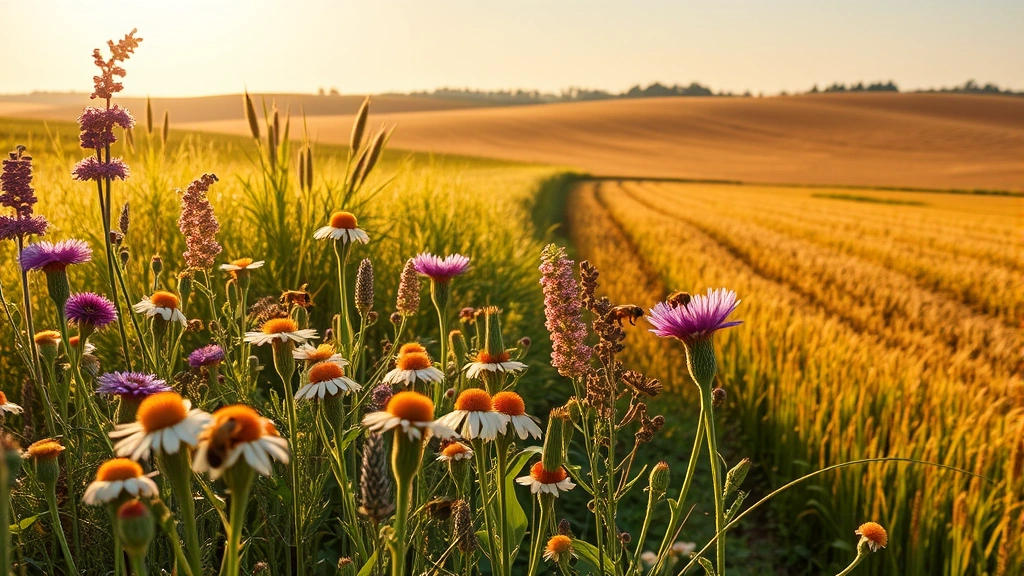 Diverse agricultural landscape with blooming wildflowers, honeybees pollinating crops, natural fields beside cultivated areas, golden sunlight, demonstrating pollination services and biodiversity