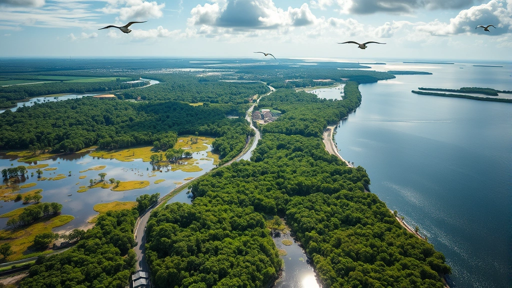 Integrated landscape showing healthy wetlands, coastal mangroves, forests, and human settlements coexisting harmoniously, birds flying, water reflecting sunlight, representing ecosystem and economy integration