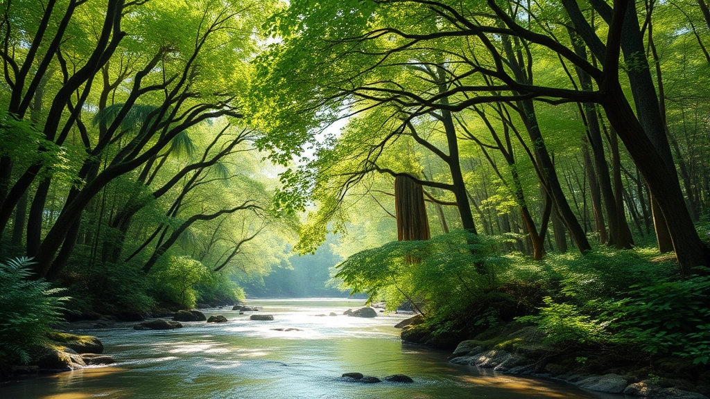 Diverse forest canopy with clean river flowing through, sunlight filtering through leaves, wildlife visible in natural habitat, photorealistic ecological landscape showing ecosystem health and water purification services