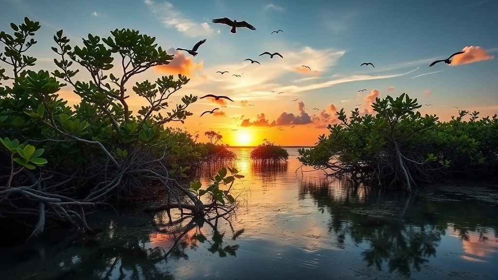 Coastal mangrove forest at sunset with birds flying overhead, shallow water reflecting sky, root systems visible, storm protection and carbon sequestration ecosystem services in tropical setting
