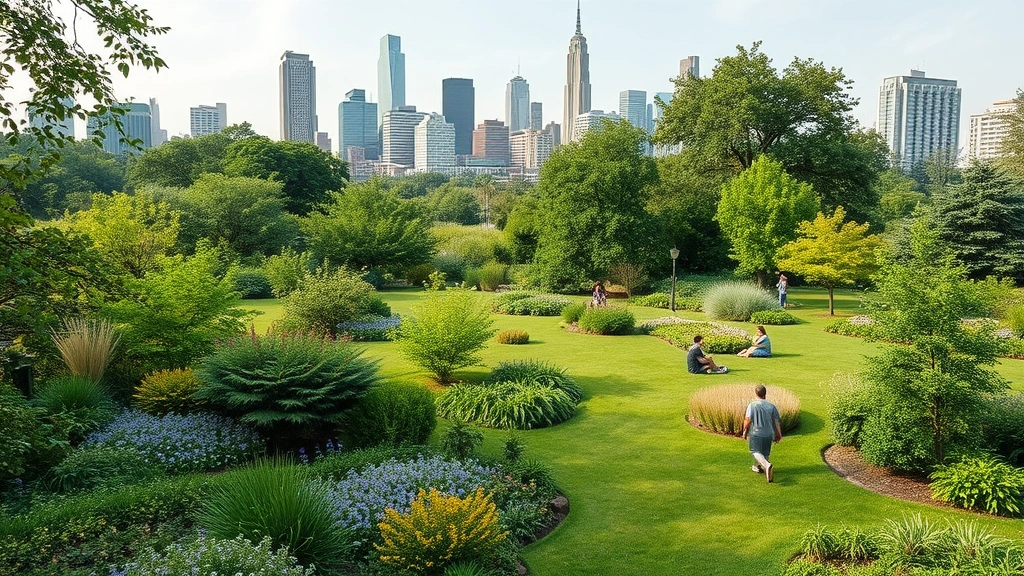 Urban park with diverse vegetation, people enjoying green space, city skyline in background, demonstrating mental health and recreation ecosystem services in developed landscape