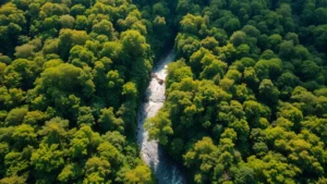 Aerial view of lush green forest canopy with winding river, sunlight filtering through dense trees, vibrant biodiversity visible, healthy ecosystem landscape