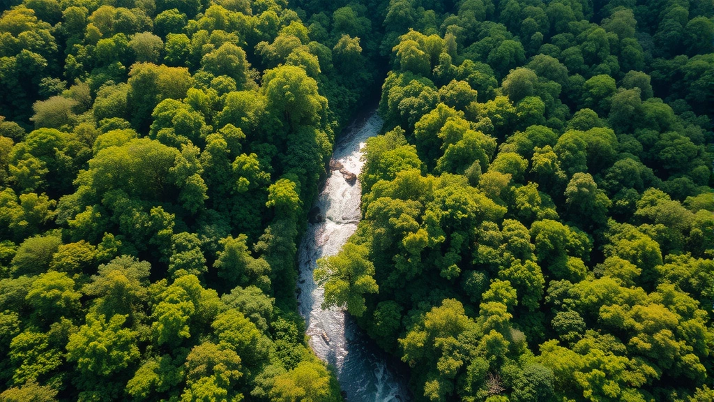 Aerial view of lush green forest canopy with winding river, sunlight filtering through dense trees, vibrant biodiversity visible, healthy ecosystem landscape