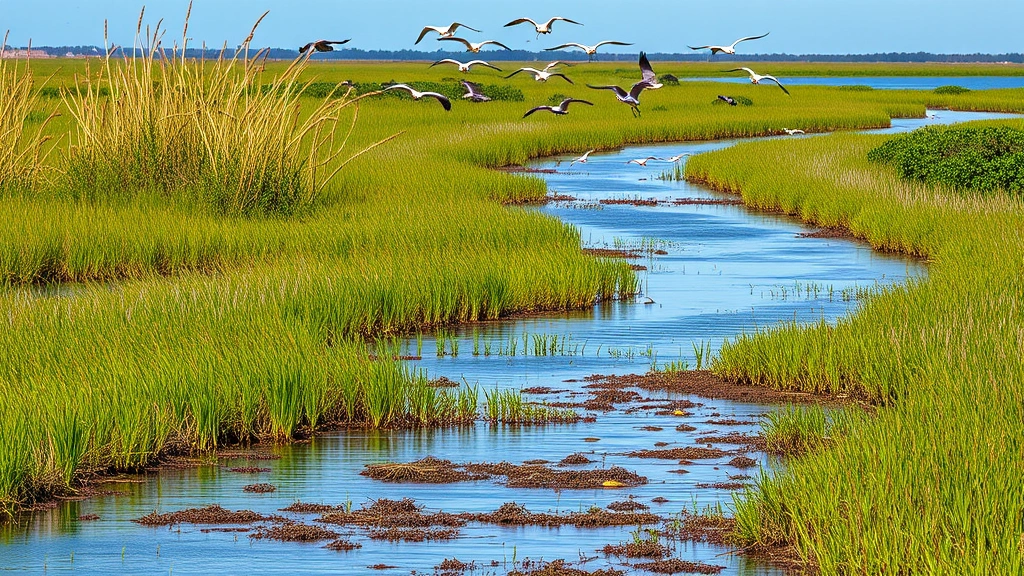 Coastal wetland ecosystem with tall grasses, water channels, birds in flight, mangroves and marsh vegetation thriving, tidal landscape with ecological richness
