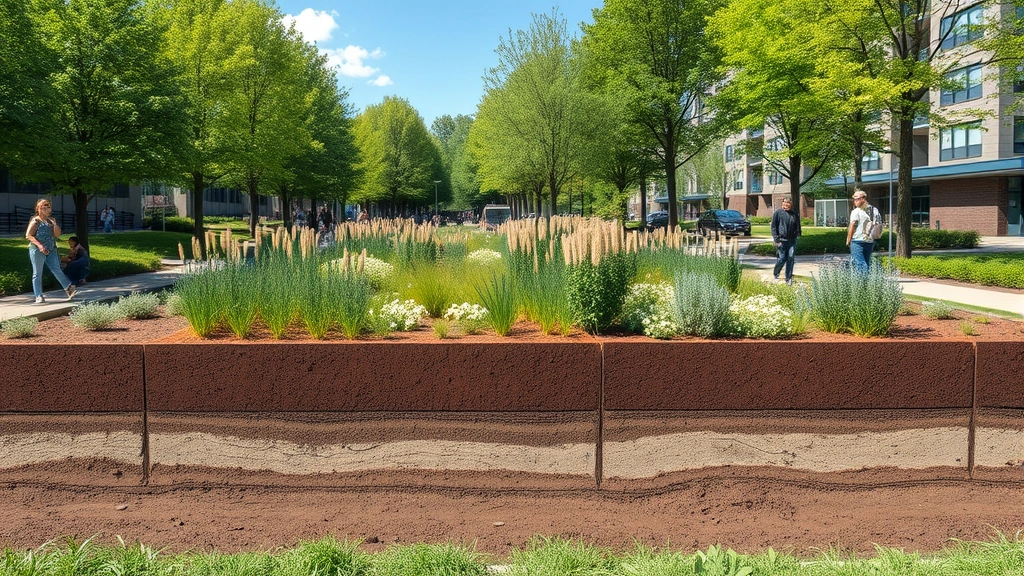 Urban park with restored native vegetation, people enjoying green space, healthy soil visible, diverse plantings and wildlife habitat, sustainable development integration