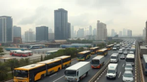 Photorealistic image of modern city skyline with traffic congestion showing diesel buses and trucks, gray smog visible over buildings, industrial area in background, overcast sky, no text or charts