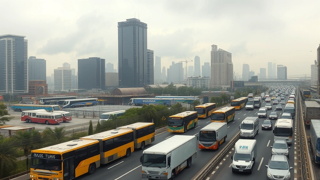 Photorealistic image of modern city skyline with traffic congestion showing diesel buses and trucks, gray smog visible over buildings, industrial area in background, overcast sky, no text or charts