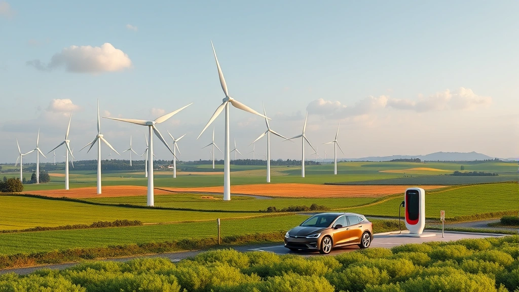 Photorealistic scene of renewable energy wind turbines in landscape next to electric vehicle charging station with cars, green fields and blue sky, no text or signage visible