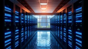 Modern data center with rows of servers illuminated by blue lights, renewable energy solar panels visible through windows, flowing water for cooling systems, photorealistic