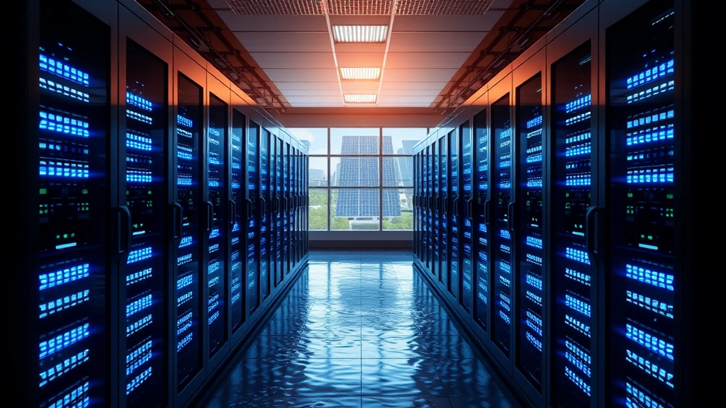 Modern data center with rows of servers illuminated by blue lights, renewable energy solar panels visible through windows, flowing water for cooling systems, photorealistic