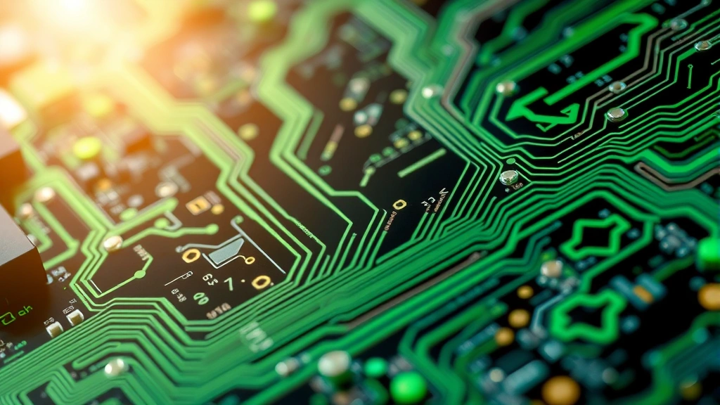 Close-up of computer circuit board with flowing digital patterns representing data processing, green energy indicators, sustainable technology symbolism, photorealistic