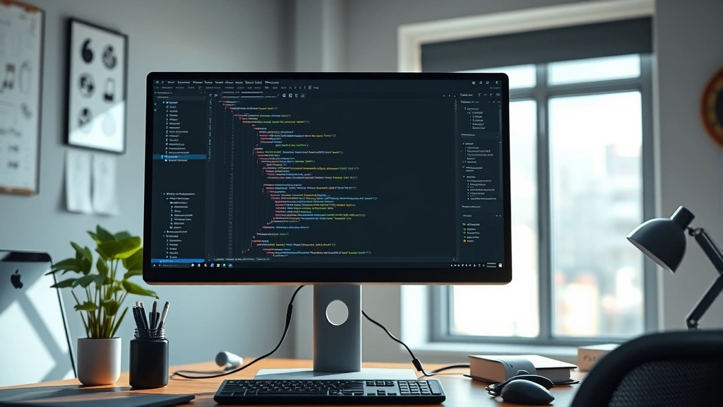 Photorealistic image showing a computer monitor displaying Java development environment with code editor open, surrounded by professional workspace elements, natural lighting from window, no text visible