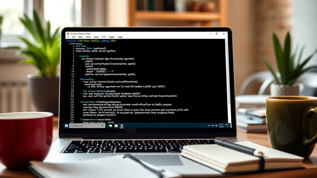 Photorealistic image showing laptop screen with terminal window open displaying Java configuration commands, developer workspace with coffee cup and notebook, warm ambient lighting, no visible text in terminal