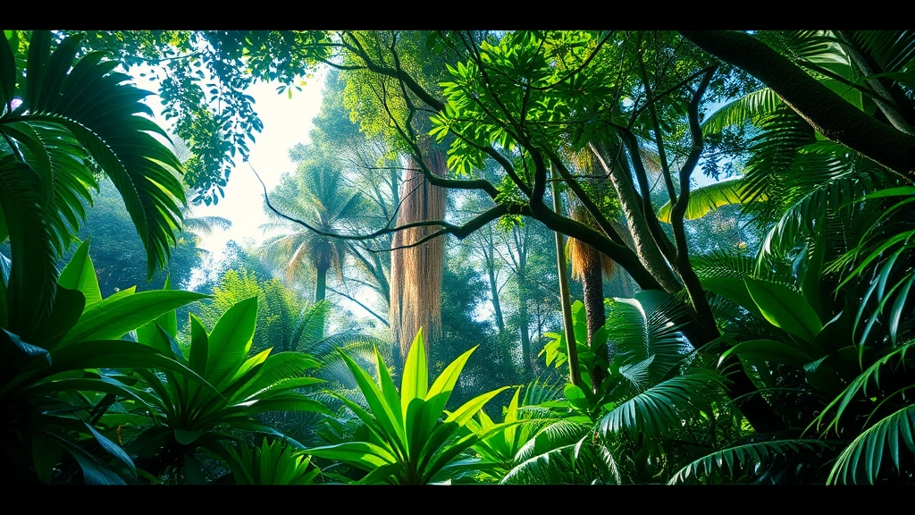 Lush tropical rainforest canopy with diverse plant species, sunlight filtering through dense vegetation, vibrant ecosystem teeming with life