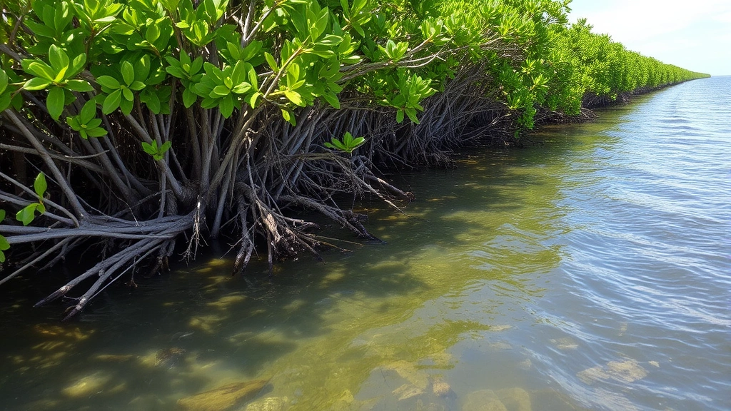 Coastal mangrove forest ecosystem with exposed root systems, fish and wildlife habitat, protecting shoreline from storm surge and erosion