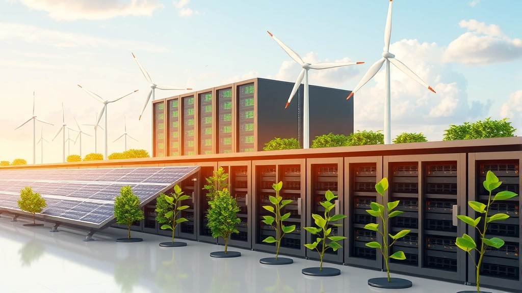 Modern server farm with sustainable green energy sources, solar panels and wind turbines powering data centers, showing eco-conscious infrastructure design