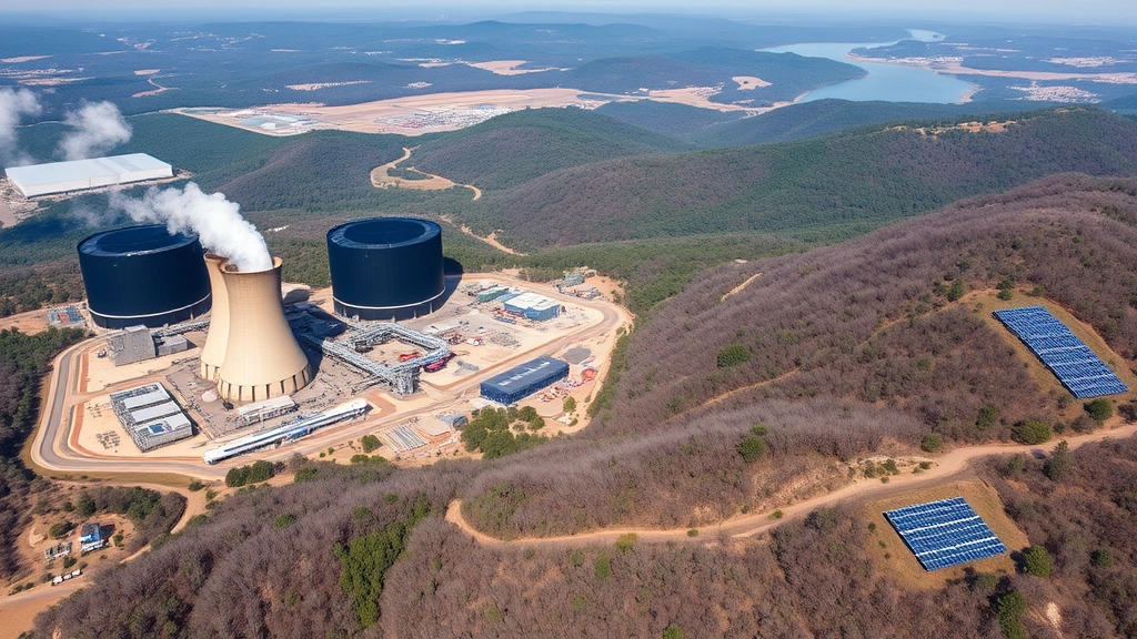 Aerial view of Kentucky landscape showing mix of coal power plant with cooling towers, natural gas infrastructure, and forested mountains with solar panels on hillsides, representing energy transition