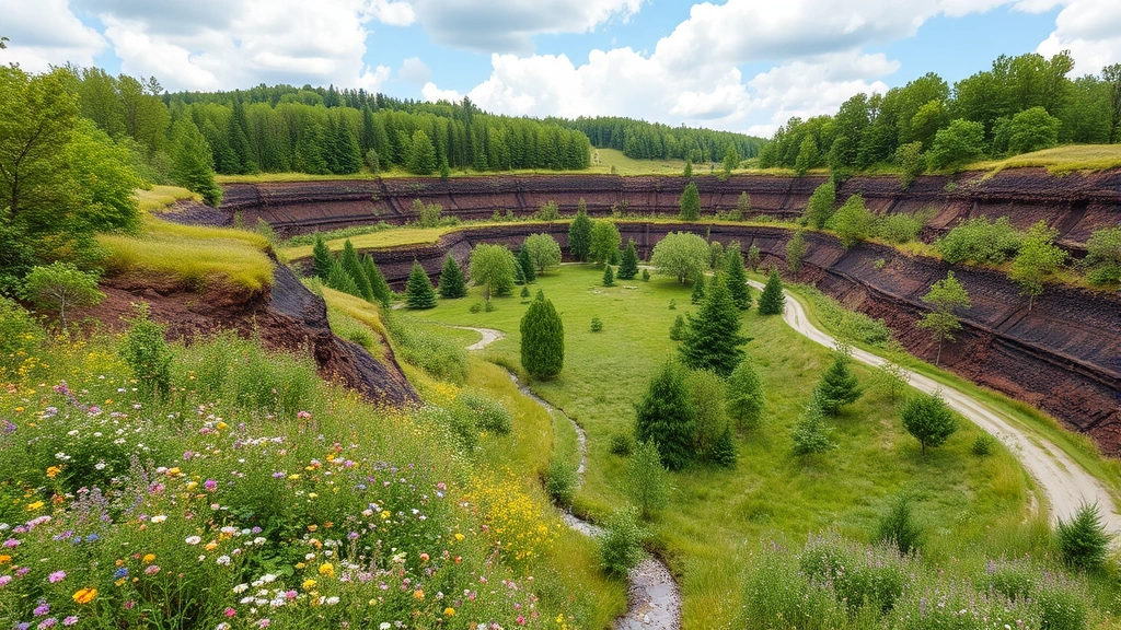 Reclaimed coal mine site transformed into green landscape with wildflowers, walking trails, and native trees, showing environmental restoration and economic opportunity