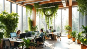 Modern sustainable office with abundant natural daylight, green living walls with climbing plants, employees working at desks surrounded by indoor vegetation, natural wood and recycled materials visible, large windows showing outdoor trees, serene peaceful workplace environment, photorealistic, daytime lighting