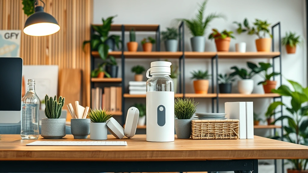 Close-up of eco-friendly workplace details: bamboo desk materials, recycled paper products, water bottle refill station, low-energy LED lights, potted plants on shelves, sustainable office supplies, natural materials and textures, warm office lighting, photorealistic