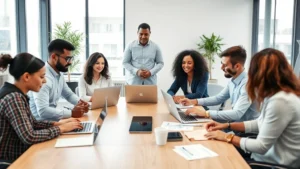 Professional office environment showing diverse employees collaborating respectfully at a conference table with laptops and documents, natural lighting from windows, calm and inclusive atmosphere