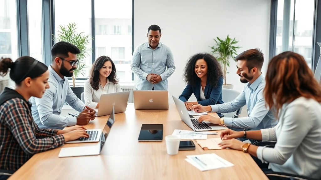 Professional office environment showing diverse employees collaborating respectfully at a conference table with laptops and documents, natural lighting from windows, calm and inclusive atmosphere