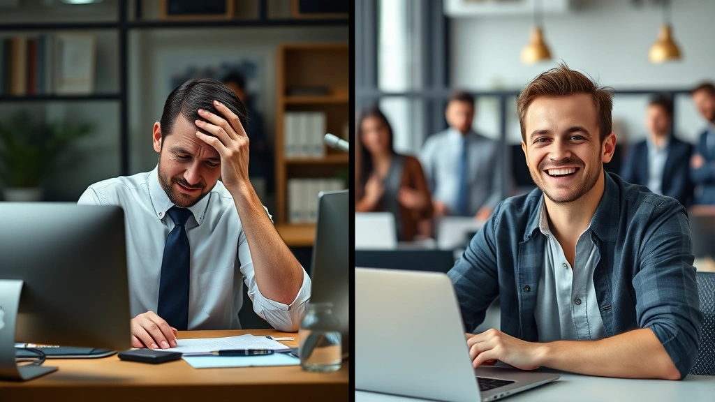Split-screen comparison showing stressed employee at desk holding head in stressful environment versus same employee smiling confidently in supportive workplace setting with colleagues nearby