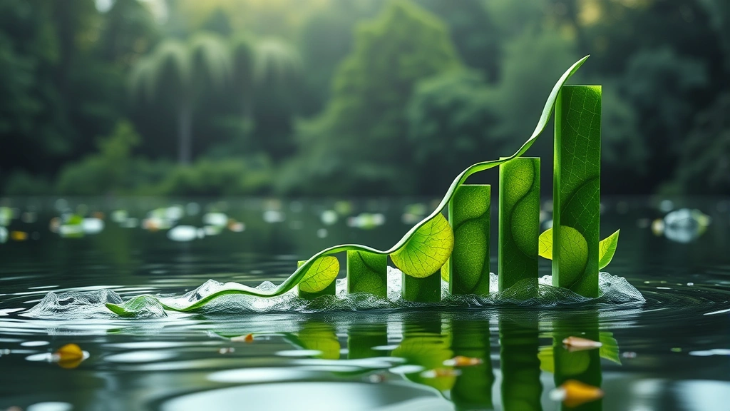 Upward trending graph visualization represented through nature imagery—green growth charts flowing like water, symbolizing economic recovery and productivity gains in harassment-prevention focused organizations