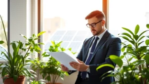 Professional lawyer in modern sustainable office with natural lighting, reviewing environmental compliance documents, surrounded by green plants, contemporary workspace with solar panels visible through windows, photorealistic