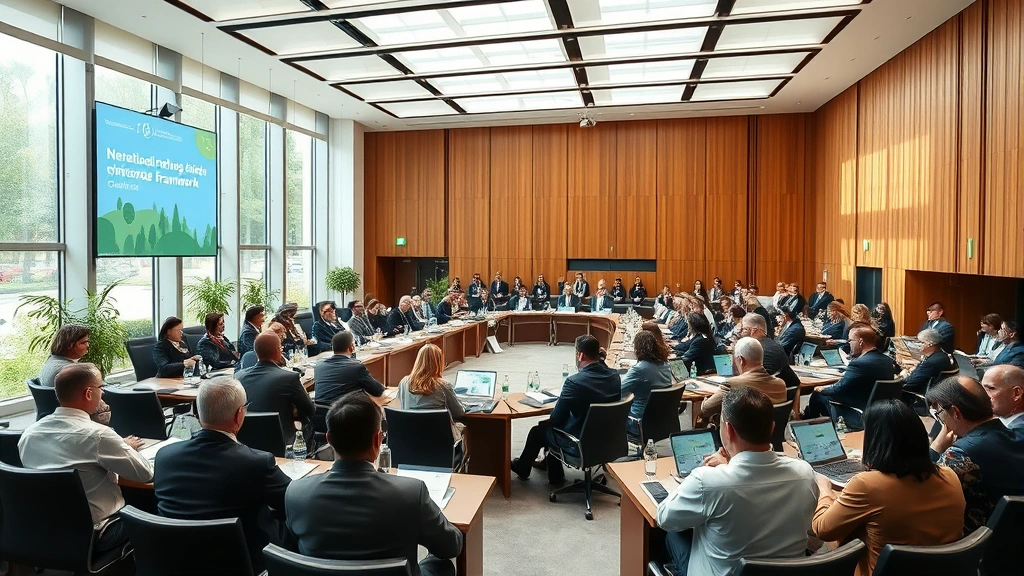 International climate negotiation conference hall with diverse delegates discussing environmental policy framework, modern architecture with eco-friendly design, natural daylight, professional collaborative atmosphere, photorealistic